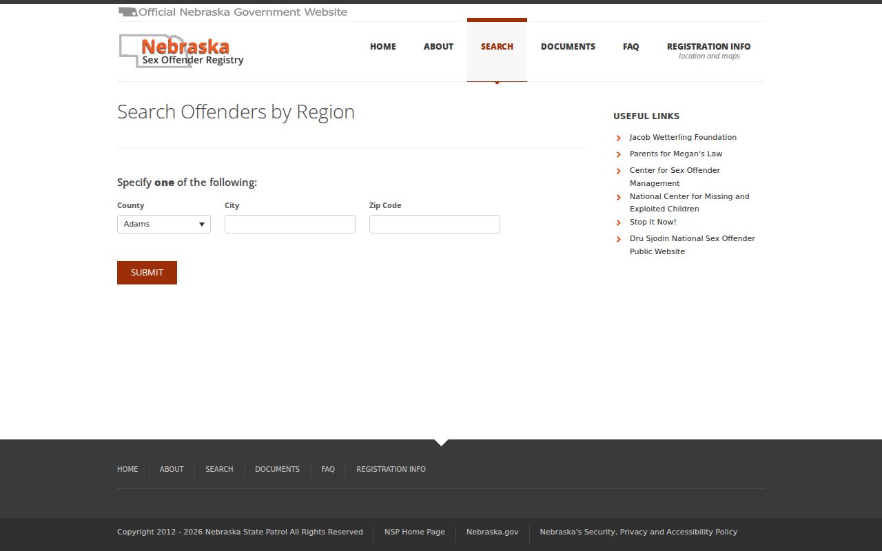 Crawford criminal record search fields in the Nebraska Sex Offender Registry region interface