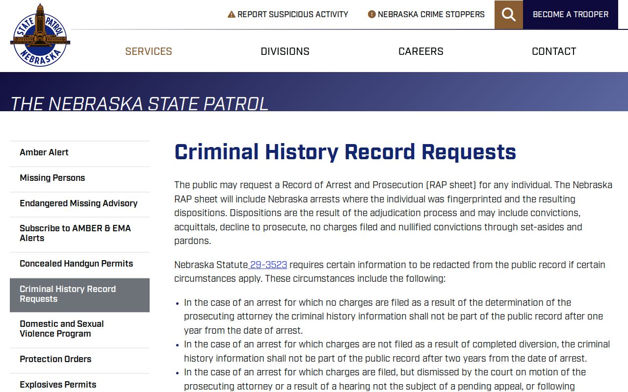 Nebraska State Patrol Dawes County criminal history request page